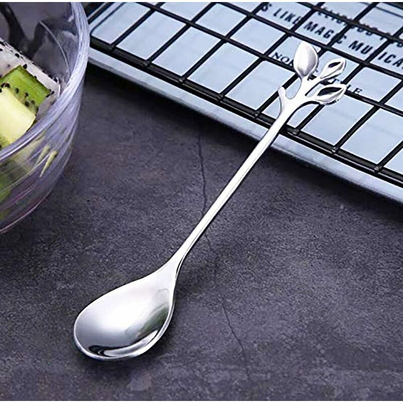 Silverware Set, Stainless steel mixing Stirring spoon creative long handle  Thicken small spoon dessert spoon coffee ice spoons cutlery tableware  (Color : Dark green gold 4pcs)