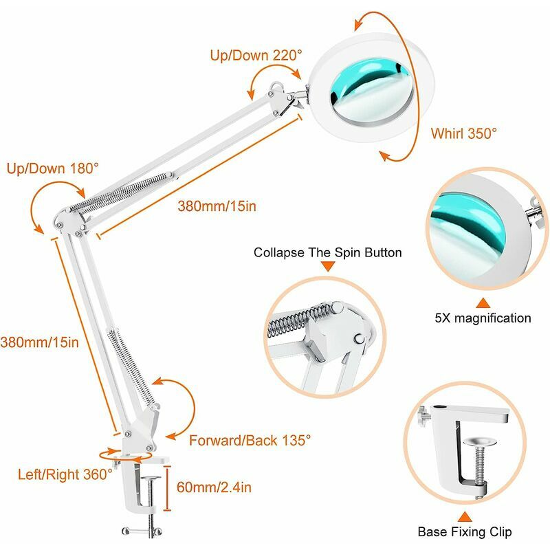 LED 5X Magnifying Lamp, Magnifying Desk Lamp with Metal Swing Arm Clamp, 3  Color Modes Stepless Dimming, Memory Function, White, for Repairing Crafts,  Sewing, Reading