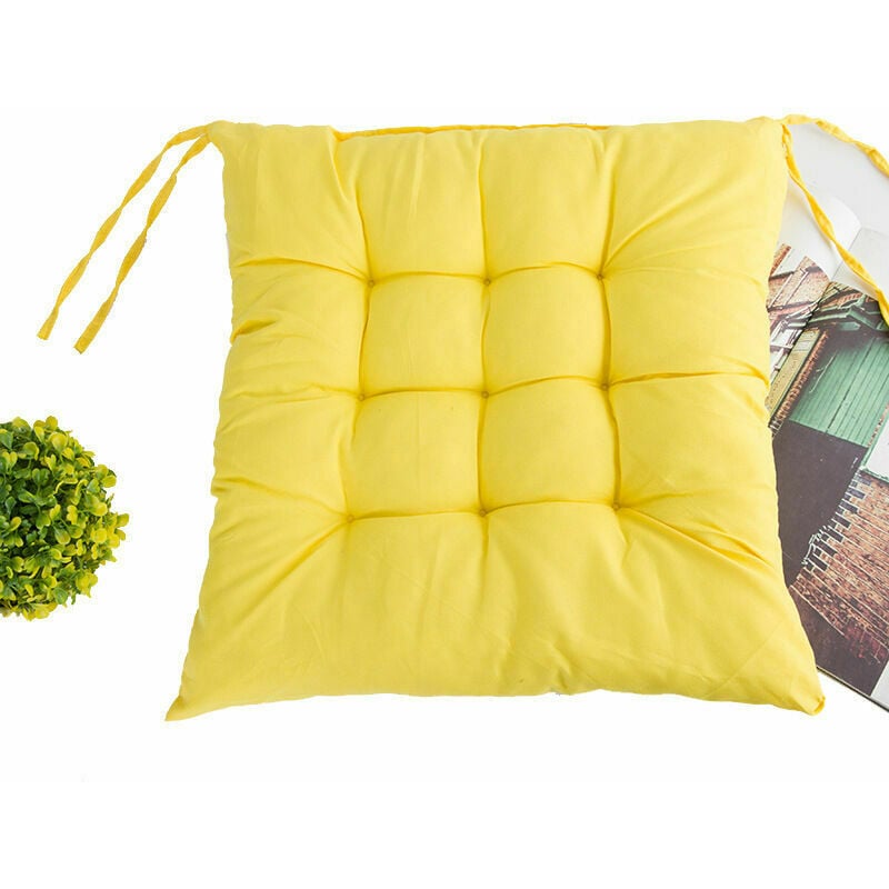 Yellow Plain Seat Pad with Button Straps 100% Cotton 40 x 40 cm