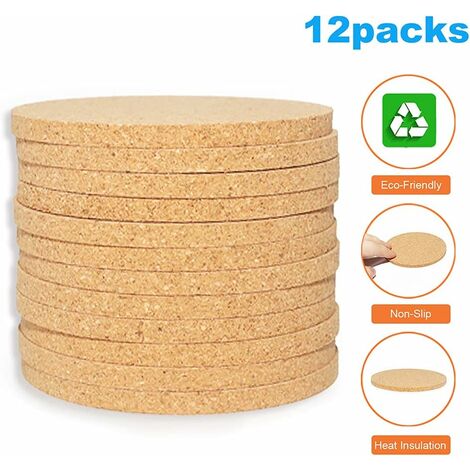 12 PCS Cup Home Natural Cork Coasters, Thick Heat-Resistant Round Coaster,  Drink Bar Tee Coffee