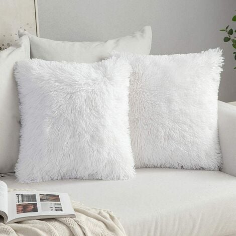 Wekity Set Of 2 Light Grey Decorative Pillow Covers New Luxury Series  Merino Style Faux Fur Fluffy Throw Pillow Covers Square Fuzzy Cushion Case  18x18