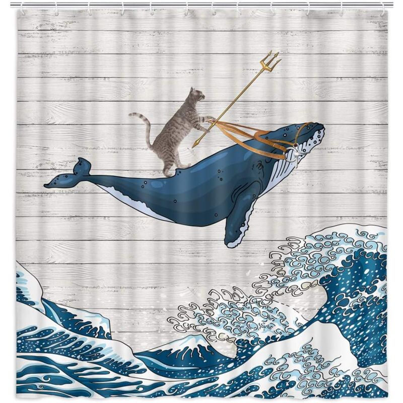 Funny Shower Curtain, Cool Cat Riding A Whale In The Ocean Shower Curtain,  Vintage Rustic Wooden Farmhouse Shower Curtain Vintage Oriental Fabric  Kanagawa Japan Art Cute Kids Shower Curtain, 71 x 71