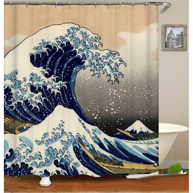 Japanese Wave Shower Curtain Kanagawa Wave Nautical Fabric Shower Curtain  Sets Bathroom Decor with Hooks Waterproof Washable