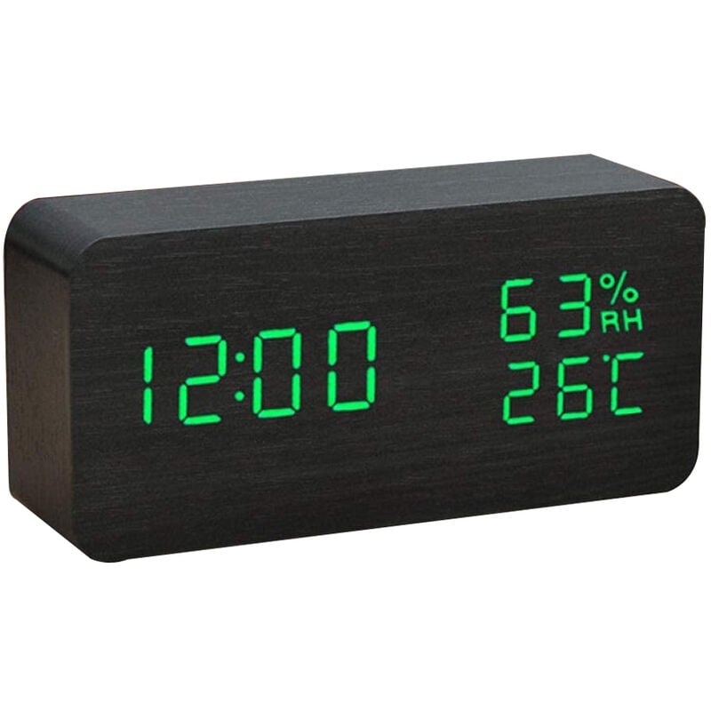 Digital Wooden Alarm Clock, with 3 Alarm Settings, Electronic LED Time  Display, 3 Level Brightness & Temperature, Good for Bedroom, Bedside, Desk,  Office, Kids and FamiliesBlack wood green font-Rectan