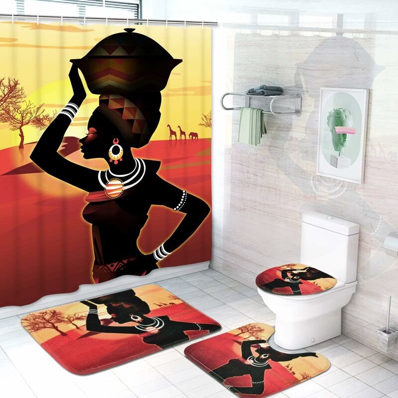 4 Piece Afro Girl Shower Curtain Sets with Non-Slip Rugs, Toilet Lid Cover  and Bath Mat, Ancient Egyptian Shower Curtain African Woman Desert Shower  Curtain with 12 Hooks, Waterproof Shower Curtain-La
