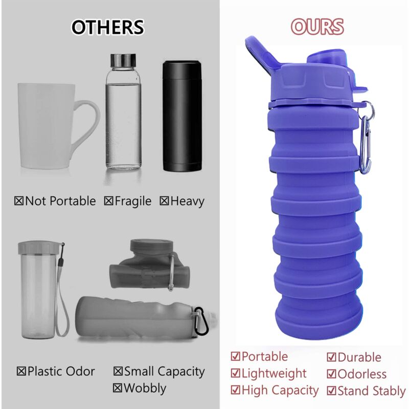 3pcs Collapsible Water Bottles, 20oz Foldable Portable Silicone Water Bottle  Leak Proof Travel Water Bottle For Sports