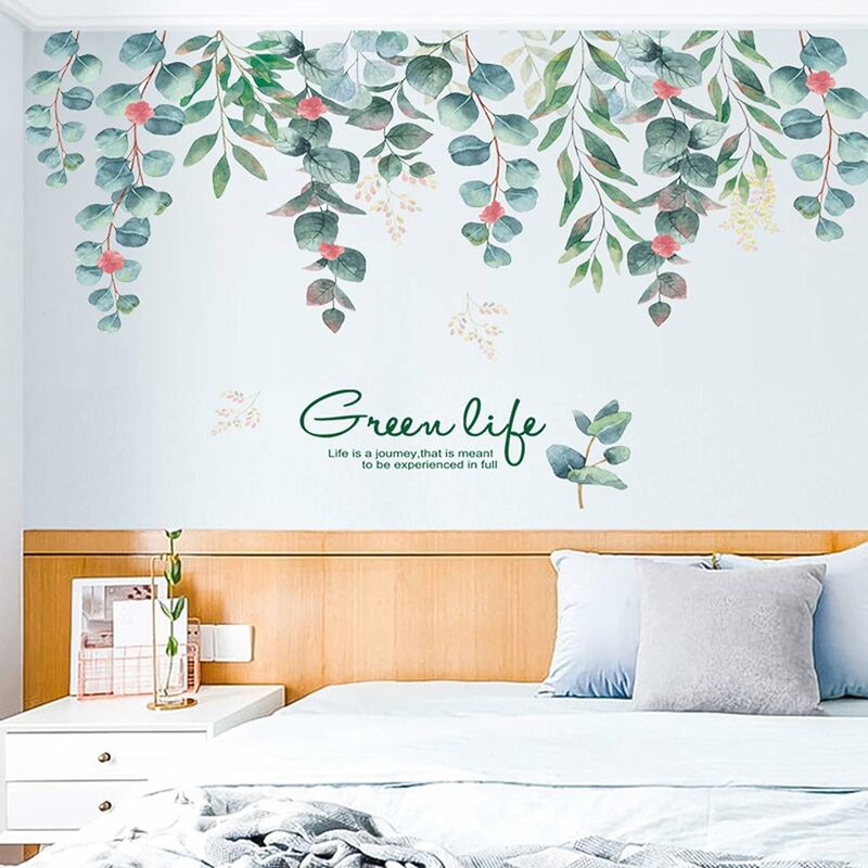 Green Plant Leaves Hanging String Room Wall Decor DIY Blue Green Flowers  Color Vine Branches Butterfly Wall Art Home Decals Mural Green Leaf Rattan
