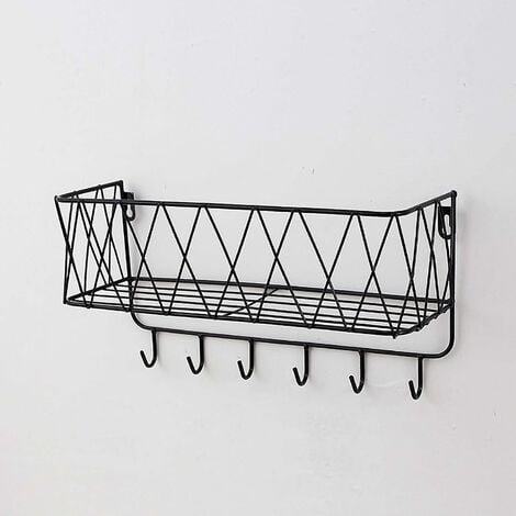 Wall Shelf Floating Shelf with Metal Grid, Wall Shelf with Hooks