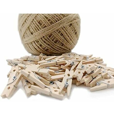 100pcs Wooden Clothespins Multi-functional Reusable Mini Wooden Clips With  Jute Twine for Photo Wall and DIY Craft