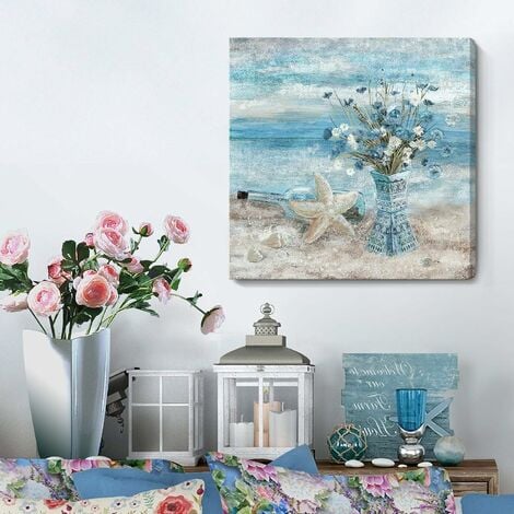 Bathroom Decor Wall Art Blue Beach Picture Ocean Theme Flower Canvas ...