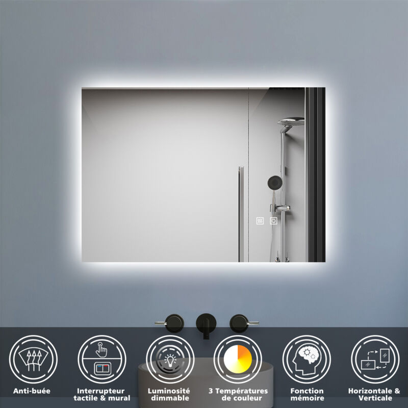 Miroir LED Anti-Buée 70x50cm Pour Salle De Bain - Tactile Et Mémoire Intégrée - IP44
