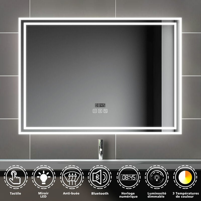 Miroir 80/100/120/140/160cm multifonctionnel avec 3 couleur LED