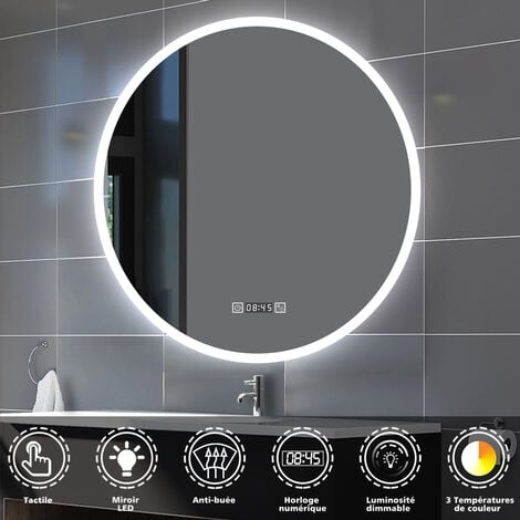 Biubiubath 80x80cm Horloge Miroir Rond de Salle de Bain LED Tricolore Anti-Buée