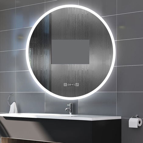 Biubiubath 80x80cm Horloge Miroir Rond de Salle de Bain LED Tricolore Anti-Buée
