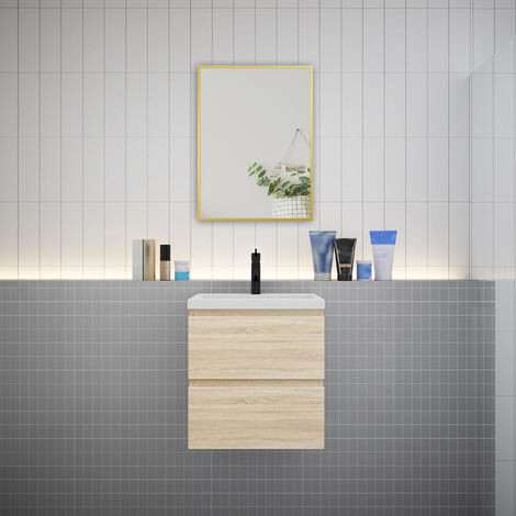 Meuble de salle de bain 2 tiroirs avec lavabo et miroir encadré–Chêne l.50 x W.38.5 x H.52 cm-suspendu (1/5)