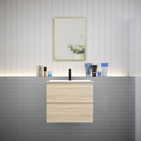 Meuble de salle de bain 2 tiroirs avec lavabo et miroir encadré–Chêne l.60 x W.38.5 x H.52 cm-suspendu (1/5)
