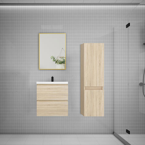 Ensemble meuble Chêne et vasque L.50cm 2 tiroirs + colonne haut + lavabo + miroir-suspendu (1/5)
