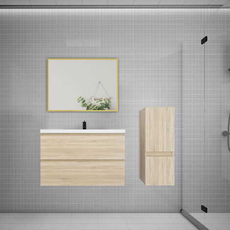 Ensemble meuble Chêne et vasque L.79cm 2 tiroirs + colonne + lavabo + miroir-suspendu (1/5)