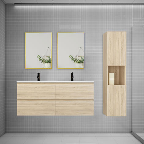 Ensemble 2 meubles Chêne et vasques L.120cm 4 tiroirs + colonne1 haut + lavabo + 2xmiroir-suspendu (1/5)
