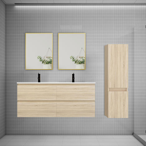 Ensemble 2 meubles Chêne et vasques L.120cm 4 tiroirs + colonne haut + lavabo + 2xmiroir-suspendu (1/5)