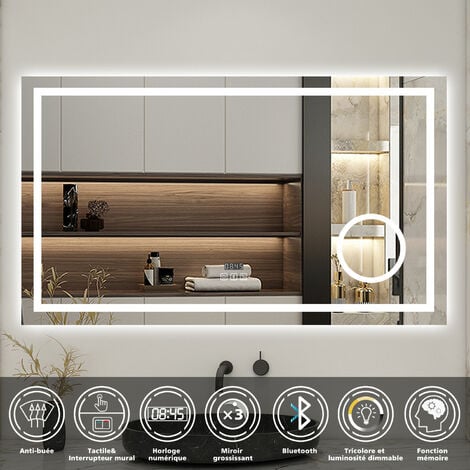 Biubiubath 80x60cm LED miroir de salle de bain tricolore anti-buée + loupe + bluetooth + horloge + mémoire + dimmable