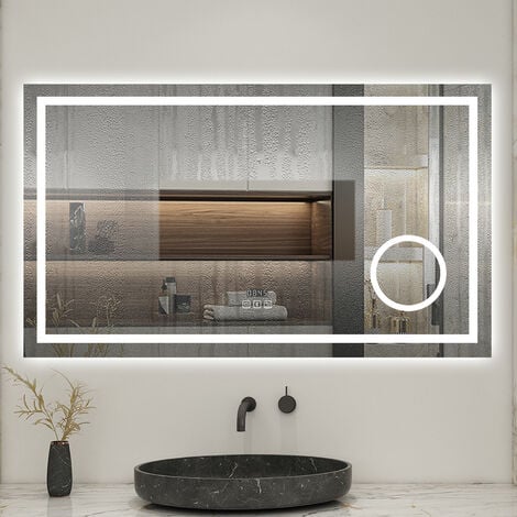 Biubiubath 80x60cm LED miroir de salle de bain tricolore anti-buée + loupe + bluetooth + horloge + mémoire + dimmable