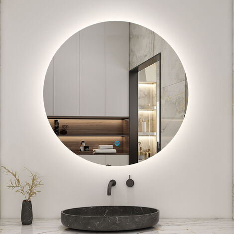 Biubiubath – Miroir de salle de bain LED rond 60 cm – Rétro-éclairage anti-buée – Fonction mémoire – Dimmable – Lumière blanc froid 6000K – Installation facile