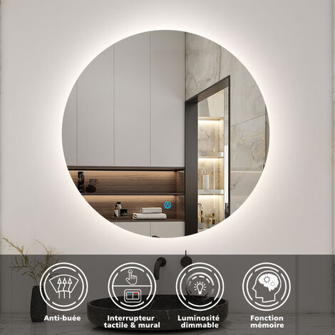 Miroir LED Salle De Bain 60cm Antibuée - Cadre Noir - 3 Couleurs Lumiere - Interrupteur Tactile
