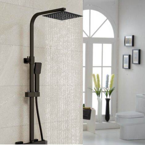 Biubiubath Colonne de douche thermostatique noire, chromée, robinet carré ouvert réglable en hauteur, pour salles de bains modernes