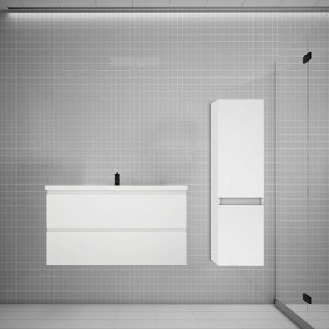 Biubiubath Ensemble meuble vasque L.99cm blanc 2 tiroirs + lavabo + colonne easy (1/5)