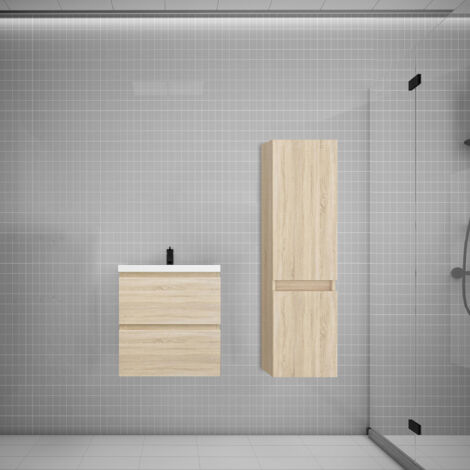 Biubiubath Ensemble meuble vasque L.50cm chêne 2 tiroirs + lavabo + colonne design (1/5)