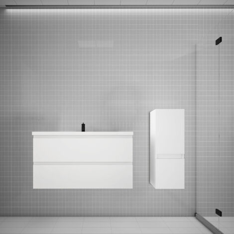 Biubiubath Ensemble meuble vasque L.99cm blanc 2 tiroirs + colonne + lavabo (1/5)