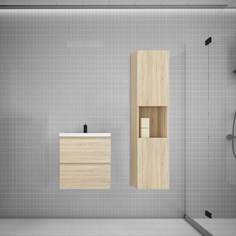 Biubiubath Ensemble meuble vasque L.50cm chêne 2 tiroirs + lavabo + colonne (1/5)
