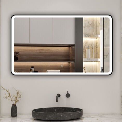 Biubiubath miroir de salle de bain LED 100x60cm avec cadre noir, tricolore + anti-buée + mémoire + gradation infinie