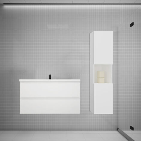 Biubiubath Ensemble meuble vasque L.99cm blanc 2 tiroirs + lavabo + colonne (1/5)