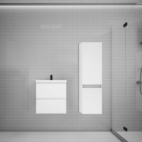 Biubiubath Ensemble meuble vasque L.50cm blanc 2 tiroirs + lavabo + colonne design (1/5)