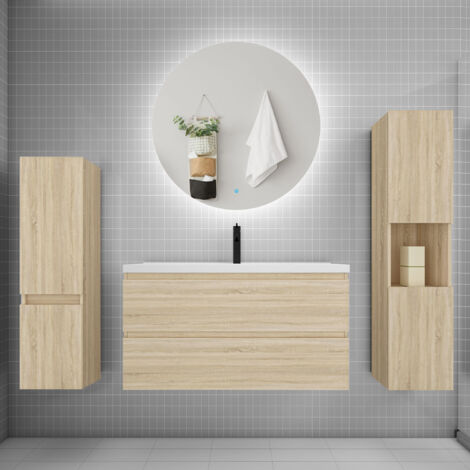 Ensemble meuble chêne et lavabo L.100cm 2 tiroirs + colonne2 haut + lavabo + miroir 60x60cm-suspendu (1/5)