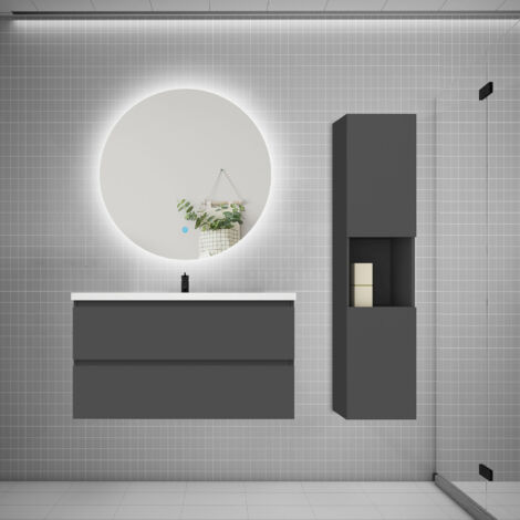 Ensemble meuble anthracite et vasque L.100cm 2 tiroirs + colonne1 haut + lavabo + miroir 60x60cm-suspendu (1/5)