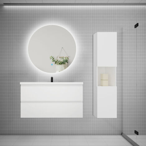 Ensemble meuble blanc et vasque L.100cm 2 tiroirs + colonne1 haut + lavabo + miroir 60x60cm-suspendu (1/5)