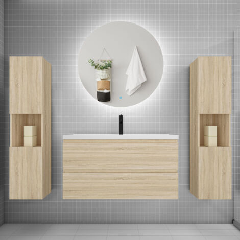 Ensemble meuble chêne et vasque L.100cm 2 tiroirs + colonne2 haut + lavabo + miroir 60x60cm-suspendu (1/5)