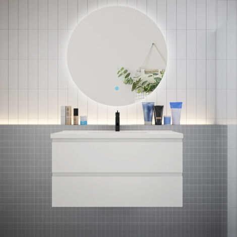 Meuble de salle de bain à 2 tiroirs avec lavabo et miroir rond multifonctionnel LED - blanc L.100cm suspendu (1/5)