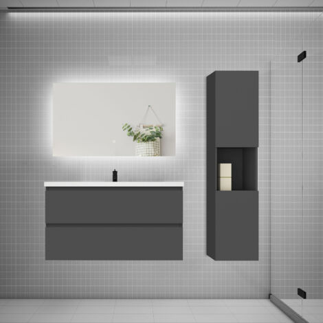 Ensemble meuble anthracite et vasque L.100cm 2 tiroirs + colonne1 haut + lavabo + miroir 80x60cm-suspendu (1/5)