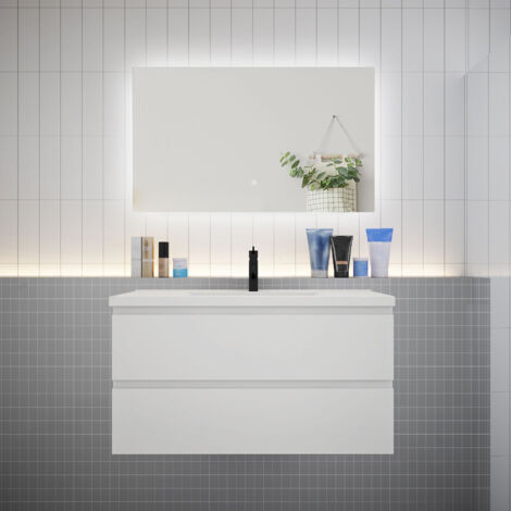 Meuble de salle de bain à deux tiroirs avec lavabo et miroir LED antibuée - blanc L.100cm suspendu (1/5)