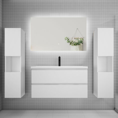 Ensemble meuble blanc et vasque L.100cm 2 tiroirs + colonne2 haut + lavabo + miroir 80x60cm-suspendu (1/5)