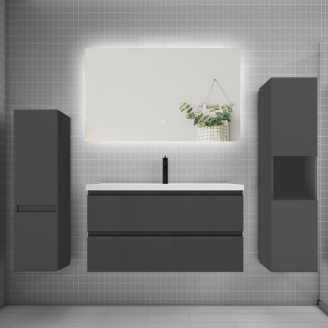 Ensemble meuble anthracite et lavabo L.100cm 2 tiroirs + colonne2 haut + lavabo + miroir 80x60cm-suspendu (1/5)