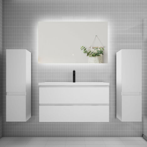 Ensemble meuble de salle de bain et lavabo blanc (L.100cm) 2 tiroirs + meuble haut2 + lavabo + miroir LED (1/5)