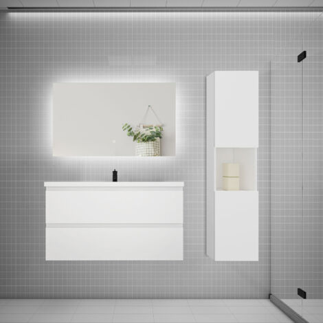 Ensemble meuble blanc et vasque L.100cm 2 tiroirs + colonne1 haut + lavabo + miroir 80x60cm-suspendu (1/5)