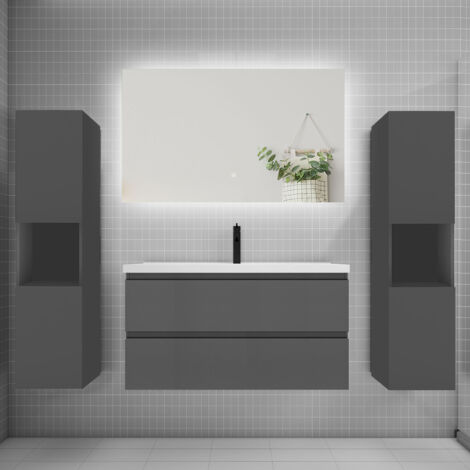 Ensemble meuble anthracite et vasque L.100cm 2 tiroirs + colonne2 haut + lavabo + miroir 80x60cm-suspendu (1/5)