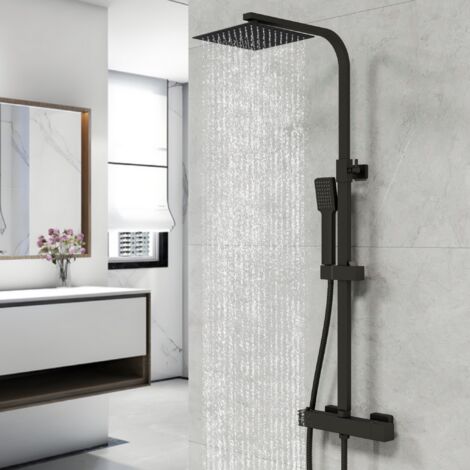 Biubiubath – Colonne de douche thermostatique noire – Douche à tête carrée 200mm – Mitigeur réglable en hauteur – Système anticalcaire – Installation murale