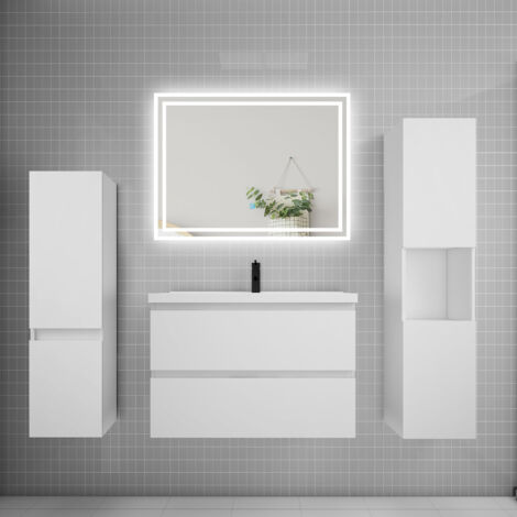 Ensemble meuble de salle de bains 80cm, simple vasque et colonne et LED miroir,blanc (1/5)